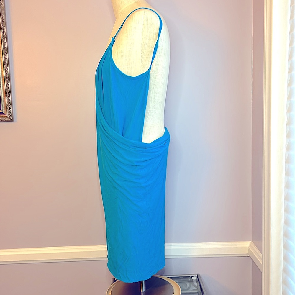 Turquoise deep V neck sexy spaghetti strap wrap draped backless swimsuit coverup - Picture 10 of 11